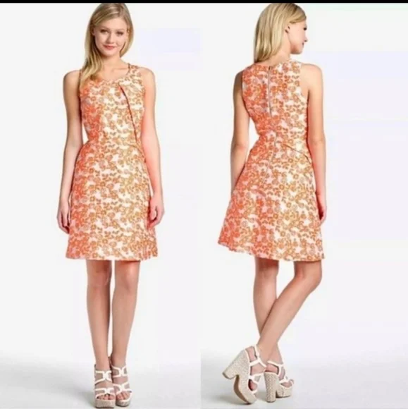 Floral Orange Brocade Sleeveless Dress - Picture 6 of 7